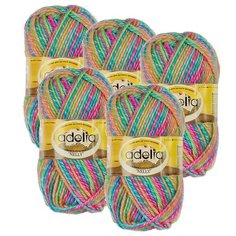 Пряжа Adelia Nelly секционного окрашивания, 70 % шерсть, 30 % акрил, 100 г, 100 м, 5 шт., №07 голубой-малиновый-оранжевый-салатовый