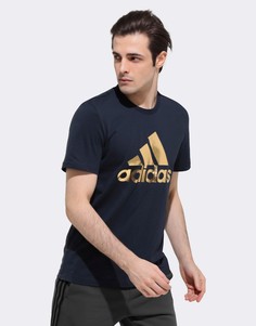 Темно-синяя футболка с золотистым логотипом adidas-Темно-синий