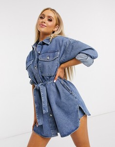 Свободная джинсовая рубашка с поясом ASOS DESIGN-Синий