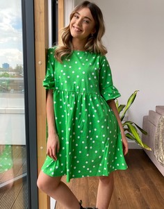 Свободное платье мини в горошек с оборками на рукавах ASOS DESIGN-Зеленый