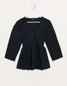Черная блузка из поплина с запахом и отделкой на плечах Selected Femme-Черный