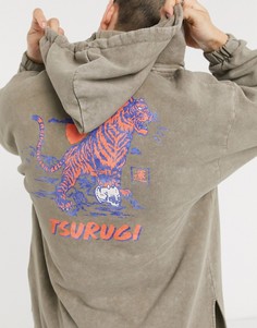 Oversized-худи с V-образным вырезом, разрезами на кромке и принтом на спине ASOS DESIGN-Бежевый