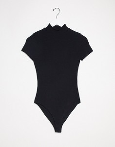 Черный боди в рубчик с высоким воротом New Look