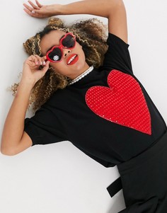 Футболка с логотипом-сердечком и отделкой камнями Love Moschino-Черный