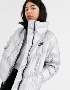 Серебристая дутая куртка с высоким воротником Nike-Серебряный