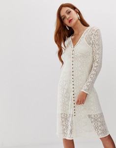 Бежевое ажурное платье с пуговицами спереди Stradivarius-Бежевый