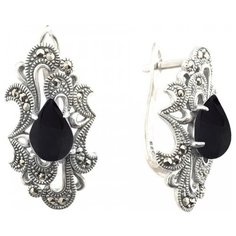 МАРКАЗИТ Серьги с марказитами и ониксами из серебра HE1162