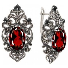 МАРКАЗИТ Серьги с гранатами, марказитами и ониксами из серебра HE1157