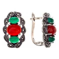 МАРКАЗИТ Серьги с сердоликами, марказитами и хризопразами из серебра HE1392
