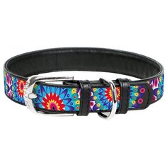 Ошейник WAU DOG Printed Leather 30-39 см цветы/черный