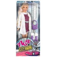 Кукла Toys Lab Ася Городской стиль Блондинка в полосатом платье и белой шубке, 28 см, 35067
