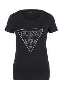 Хлопковая футболка с отделкой стазами и камнями Guess