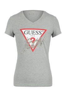 Хлопковая футболка с отделкой камнями и бисером Guess