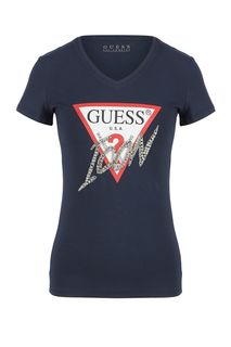 Хлопковая футболка с отделкой камнями и бисером Guess