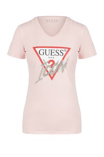 Хлопковая футболка с отделкой камнями и бисером Guess