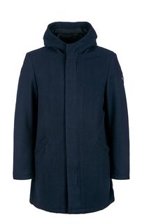 Полушерстяное демисезонное пальто синего цвета с капюшоном Armani Exchange