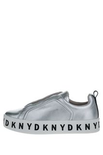 Кожаные кеды серебристого цвета на платформе Dkny