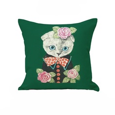 Декоративная подушка, "Кошка в бабочке в горошек", зеленый, 45х45, 5S-PILLOW-133