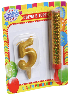 Свеча для торта цифра "Овал + фонтан" золотая "5" Sima-Land