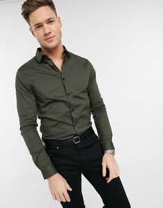 Эластичная приталенная рубашка цвета хаки ASOS DESIGN-Зеленый