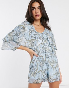 Ромпер с оборками на рукавах и цветочным принтом Liquorish-Синий