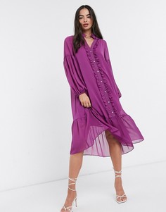 Фиолетовое свободное платье миди с длинными рукавами и оборками River Island-Фиолетовый