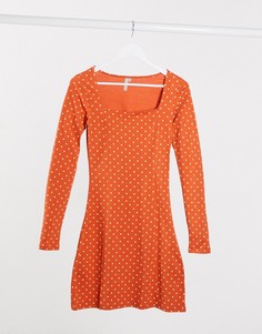 Платье миди в горошек с квадратным вырезом Pieces-Оранжевый