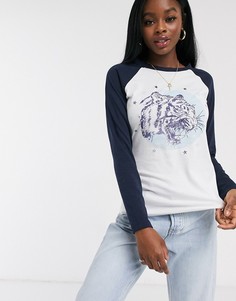 Лонгслив с рукавами контрастного цвета и принтом тигрицы Brave Soul-Темно-синий