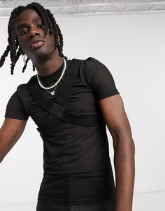 Обтягивающая сетчатая футболка с отделкой в виде сбруи ASOS DESIGN-Черный