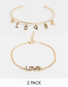 Набор из 2 золотистых браслетов с подвесками "love" из разноцветных стразов ASOS DESIGN-Золотой