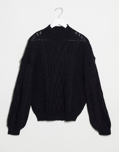 Черный джемпер с высоким воротником и вязкой в косичку Vila