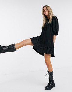 Черное фактурное свободное платье ярусного кроя Bershka-Черный