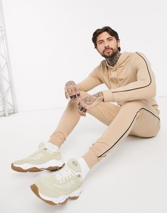 Бежевый облегающий спортивный костюм с худи и окантовкой ASOS DESIGN