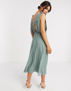 Шалфейно-зеленое платье миди с плиссировкой и завязками на плечах ASOS DESIGN-Зеленый