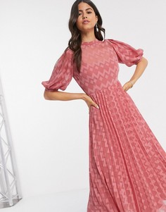 Розовое платье миди с пышными рукавами и плиссированной юбкой ASOS DESIGN-Розовый