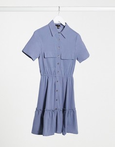 Платье-рубашка василькового цвета в стиле милитари QED London-Синий