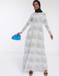 Платье макси с длинными рукавами и узором в горошек ASOS DESIGN-Белый