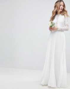 Свадебное платье макси с кружевным лифом, длинными рукавами и плиссированной юбкой ASOS EDITION-Белый