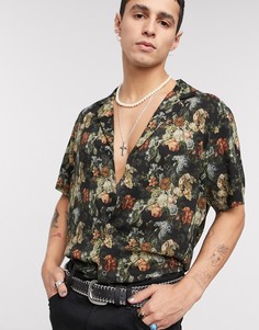Черная рубашка классического кроя с цветочным принтом ASOS DESIGN-Черный