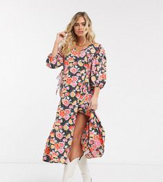 Розовое платье миди с запахом и цветочным принтом Topshop Maternity-Черный