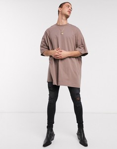 Бежевая длинная футболка в стиле oversized от ASOS DESIGN-Коричневый