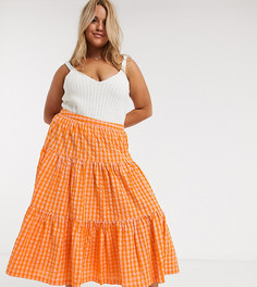 Оранжевая ярусная юбка миди в клетку ASOS DESIGN Curve-Оранжевый