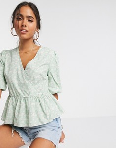 Зеленый топ с баской и цветочным принтом Vero Moda-Мульти