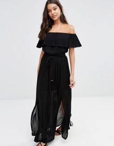 Платье макси из жатого хлопка с открытыми плечами River Island-Черный