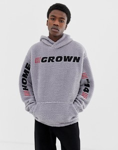 Худи из искусственного меха с принтом надписи ASOS DESIGN-Серый