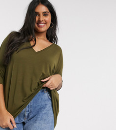 Свободный топ в рубчик цвета хаки с V-образным вырезом ASOS DESIGN Curve-Зеленый