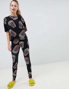 Пижамный комплект из футболки и леггинсов с принтом поп-корна ASOS DESIGN-Черный