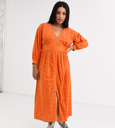 Оранжевое платье миди с вышивкой ришелье и застежкой на крючки ASOS DESIGN Curve-Оранжевый