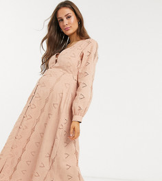 Бежевое чайное платье миди на пуговицах с вышивкой ришелье ASOS DESIGN Maternity-Розовый