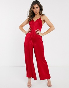 Красный атласный комбинезон на бретельках с глубоким вырезом ASOS DESIGN